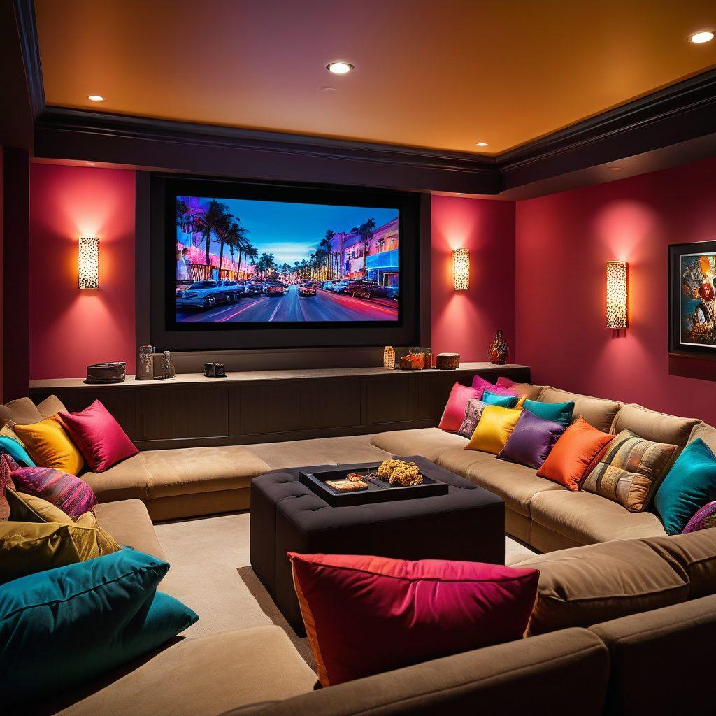 A stylish and cozy home theater setting showcasing a plush sofa adorned with colorful pillows, large popcorn bowls, and dimmed lights. The wall features a projection screen displaying silhouettes of iconic adult movie scenes, creating an inviting and playful atmosphere. Soft glows of warm lighting enhance the inviting vibe, with subtle hints of adult movie film reels in a creative layout. super-realistic. vibrant colors. intimate setting.
