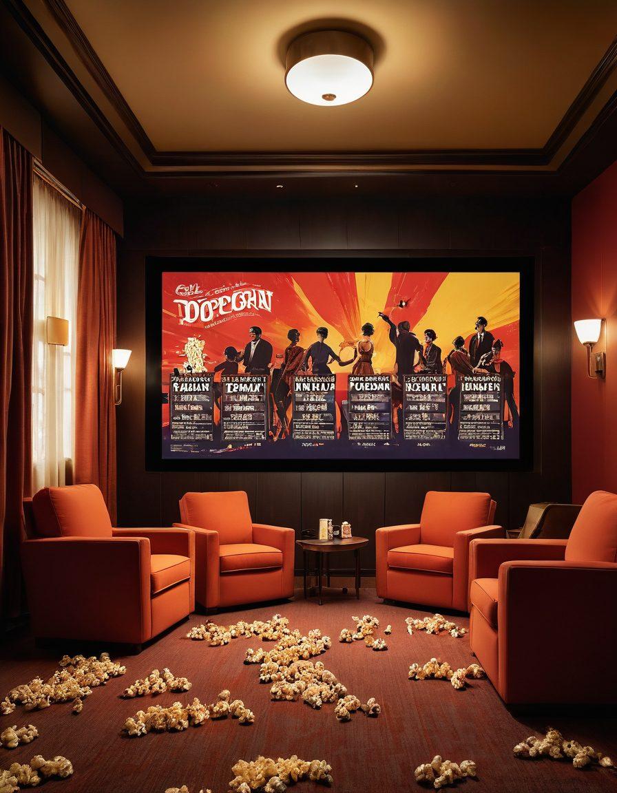 A dramatic film reel unwinding with iconic scenes from mature adult cinema, silhouetted figures in various poses that embody passion and storytelling, illuminated by soft golden lights creating an intimate atmosphere. Include elements like vintage popcorn, an elegant cinema hall backdrop, and vibrant movie posters on the walls. super-realistic. warm colors. cinematic ambiance.