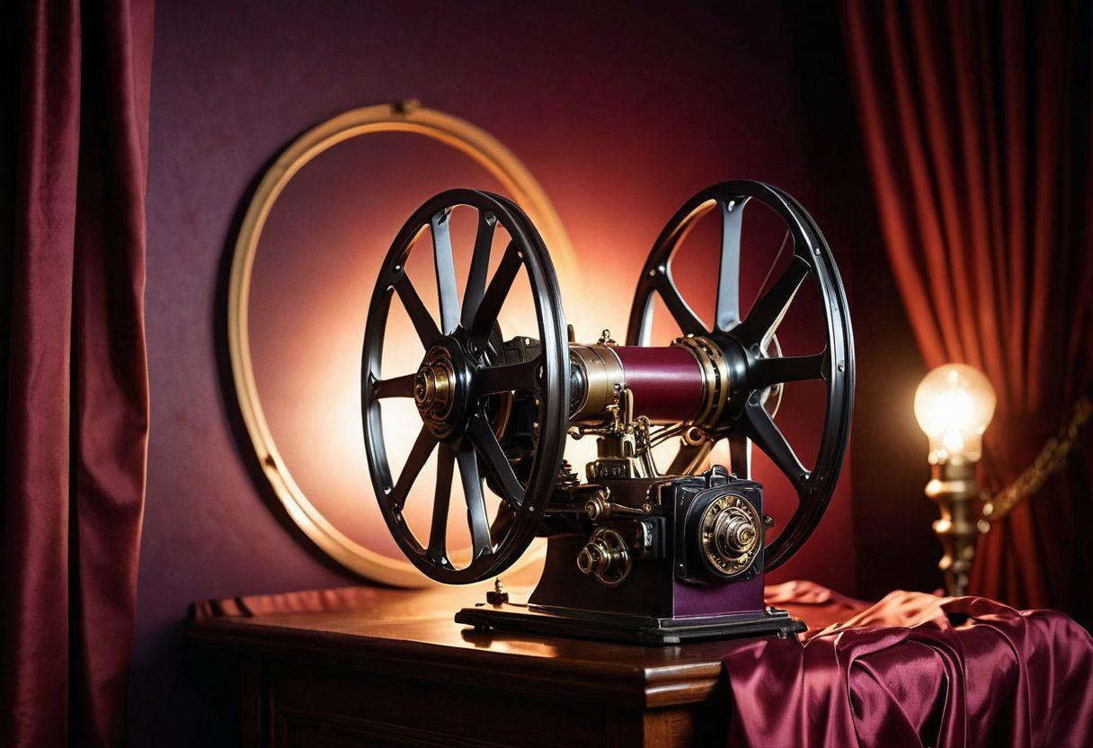 An elegant film reel intertwined with soft, flowing silk sheets in deep reds and purples, evocative of sensuality. Spotlight casting a warm glow, illuminating classic film posters subtly in the background, hinting at mature themes. A vintage projector spilling light on the scene, enhancing the nostalgic yet intimate ambiance. super-realistic. rich textures. warm color palette.